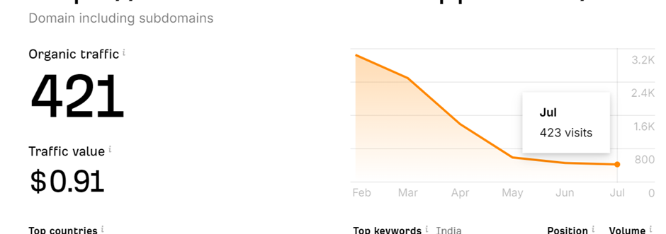 Blog stats showing organic traffic and traffic value
